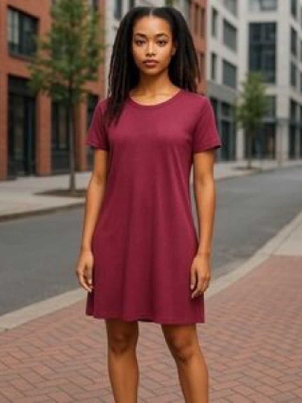 New Casual Burgandy Midi Dress with Pockets